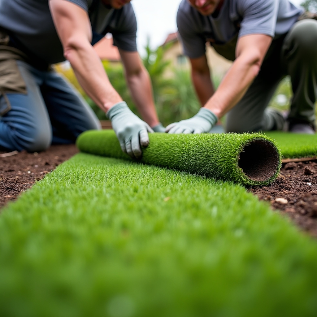 Frissen lerakott gyepszőnyeg zöld kertben