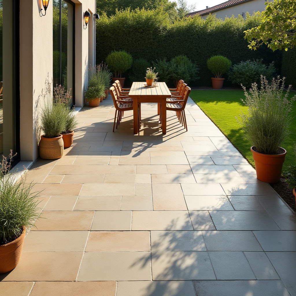 Elkészült térkövezett terasz kerti bútorokkal