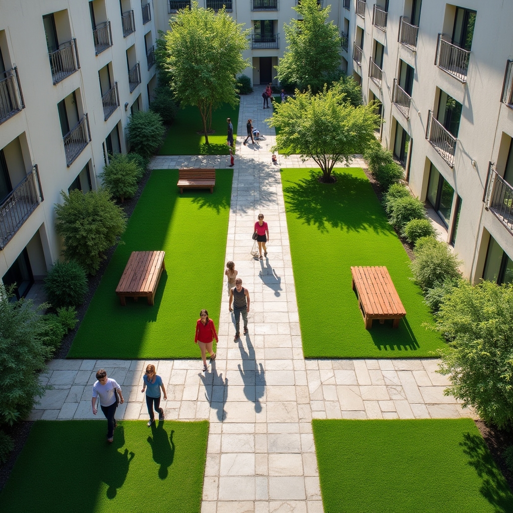 Rendezett társasházi közös udvar zöldfelülettel